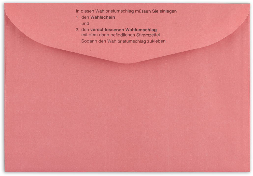 Roter B6-Wahlbriefumschlag mit Musterdruck, Rückseite