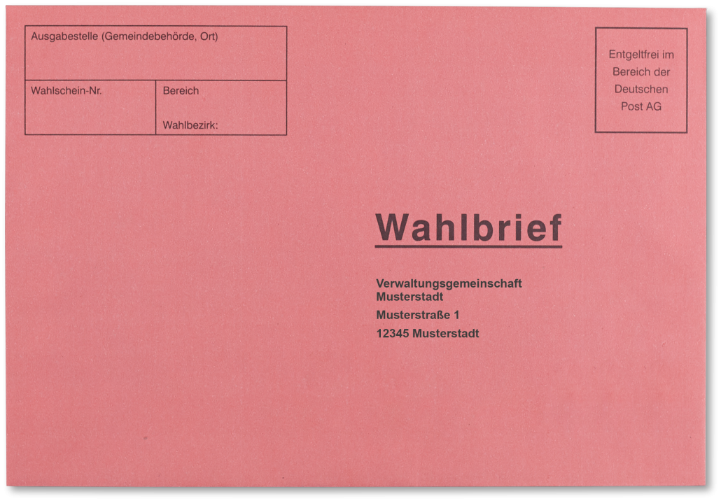 Roter B6-Wahlbriefumschlag mit Musterdruck, Vorderseite